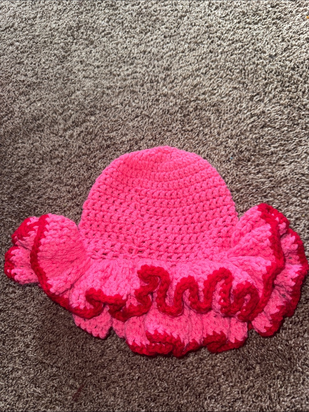 Kids Crochet Ruffle Sun Hat - Bright Pink with Red Trim